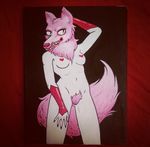  2013 anthro breasts caitlyn_st_raymond_(artist) canine clothing female fur gloves hand_on_head hand_on_leg humanoid mammal painting pink_fur solo wolf 