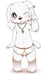  anthro barefoot blush briefs bulge canine clothed clothing cub dog doraemon front_view male mammal okunawa one_eye_closed peko pendant salute topless underwear wink young 