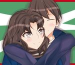  1girl amagami arms_around_neck bad_id bad_pixiv_id blue_coat brown_eyes brown_hair closed_eyes coat green_eyes hug kuro_mushi long_hair looking_at_another scarf simple_background tachibana_jun'ichi tanamachi_kaoru 