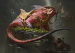  elf feral frill humanoid jason_kang lizard long_tail low-angle_view magic_the_gathering male official_art pointy_ears quadruped quiver reins reptile rock saddle scalie standing tusks underground 