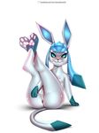  2016 anus blue_eyes blush doomthewolf eeveelution female glaceon hi_res hindpaw looking_at_viewer nintendo pawpads paws pok&eacute;mon pussy pussy_juice simple_background solo video_games white_background 