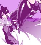  ass bed_sheet black_hair blush bodysuit bulge drooling facial_mark folded_ponytail looking_at_viewer male_focus one-punch_man onsoku_no_sonic pillow scarf solo sweat top-down_bottom-up torn_clothes yoku_(chocolateq) 