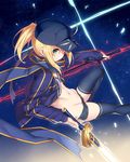  ahoge artoria_pendragon_(all) baseball_cap blonde_hair breasts cleavage dark_excalibur dual_wielding excalibur fate/grand_order fate_(series) glowing glowing_sword glowing_weapon green_eyes groin hat holding jacket kodama_yuu long_sleeves looking_at_viewer midriff mysterious_heroine_x navel ponytail reverse_grip rojiura_satsuki:_chapter_heroine_sanctuary scarf short_hair short_shorts shorts sidelocks small_breasts smile solo sword thighhighs track_jacket weapon 