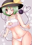  bakko bell bell_choker blush bra breasts cat_cutout cat_ear_panties cat_lingerie cat_tail choker cleavage cleavage_cutout collarbone commentary_request cowboy_shot green_eyes green_hair hat hat_ribbon jingle_bell komeiji_koishi large_breasts looking_at_viewer meme_attire navel one_eye_closed open_mouth panties paw_print ribbon side-tie_panties smile solo strap_pull tail third_eye touhou underwear untied untied_panties white_bra white_panties 