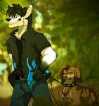  anthro canine clothed clothing collar duo feline feral floppy_ears l-i-t-t-l-e_f-i-r-e leash male mammal outside pet smile teeth 