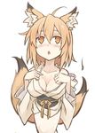  :o ahoge animal_ears blonde_hair blush breasts cleavage collarbone fox_ears fox_tail hair_between_eyes japanese_clothes kimono kimono_pull large_breasts multiple_tails obi off_shoulder original sash senhappyaku simple_background solo tail two_tails white_background yellow_eyes 