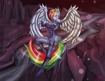  2016 anthro anthrofied armor bionic_wing clothing dagger equine female flying friendship_is_magic hair mammal mechanical_wing melee_weapon multicolored_hair my_little_pony pegasus rainbow_dash_(mlp) rainbow_hair scar sixpathoffriendship solo weapon wings 