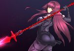  ass back bangs bodysuit breasts closed_mouth cowboy_shot fate/grand_order fate_(series) from_behind gae_bolg gloves glowing hair_intakes holding holding_weapon jyura large_breasts long_hair looking_at_viewer looking_back pauldrons pink_lips polearm purple_hair red_eyes scathach_(fate)_(all) scathach_(fate/grand_order) solo spear thigh_strap vambraces very_long_hair weapon 