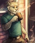  anthro beverage cat cherrybox cigarette clothed clothing coffee drat ear_piercing facial_piercing feline food lip_piercing male mammal piercing smoke smoking solo standing 