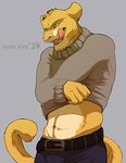  2014 anthro clothed clothing fangs feline invalid_tag l-i-t-t-l-e_f-i-r-e male mammal navel simple_background smile teeth tongue tongue_out undressing 