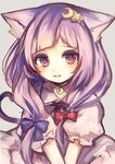  animal_ears bell blush cat_ears cat_tail collar colorized crescent crescent_hair_ornament grey_background hair_ornament hair_ribbon highres kemonomimi_mode long_hair patchouli_knowledge puffy_sleeves purple_eyes purple_hair ribbon short_sleeves simple_background sketch solo tail touhou ukita_uuko upper_body 