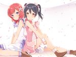  6u_(eternal_land) alternate_costume bangs black_hair blush boots bow brown_footwear bubble choker dress eyebrows eyebrows_visible_through_hair flower frills hair_bow hair_flower hair_ornament jewelry lace-trimmed_legwear looking_at_another looking_at_viewer love_live! love_live!_school_idol_project multiple_girls necklace nishikino_maki pearl_necklace petals pink_dress pink_ribbon purple_eyes purple_legwear red_eyes red_hair ribbon ribbon_choker side-by-side sitting smile socks striped striped_bow swept_bangs twintails upskirt v_arms wariza white_background white_legwear wrist_cuffs yazawa_nico 