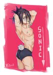  adjusting_hair black_hair bunny_tail facial_mark hairband hoshiko male_focus one-punch_man onsoku_no_sonic panties scar simple_background solo tail tying_hair underwear 