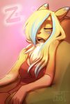  2015 anthro blue_highlights canine clothed clothing digimon eyelashes eyes_closed female fox fur hair hair_over_eye jemma_(jingx1) jingx1 mammal multicolored_hair neck_tuft open_mouth pink_background renamon shirt simple_background sleeping solo sound_effects tank_top tuft two_tone_hair white_fur yellow_fur zzz 