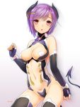  47agdragon :o blush breasts cleavage cleavage_cutout demon_girl demon_horns demon_tail elbow_gloves fingerless_gloves gloves hair_ornament hairclip highres horns large_breasts looking_at_viewer navel original purple_hair red_eyes revealing_clothes short_hair simple_background solo tail thighhighs 