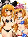  :o :q american_flag_bikini american_flag_legwear bad_id bad_pixiv_id bikini blonde_hair blush bow breasts broom clownpiece flag_print grey_bow hat hat_bow hips jester_cap kirisame_marisa long_hair motsu_(selshia12) multiple_girls navel raised_eyebrow skindentation small_breasts swimsuit thighhighs thighs tongue tongue_out touhou tsurime v v-shaped_eyebrows very_long_hair wavy_hair witch_hat 