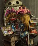  american_flag_dress american_flag_legwear blonde_hair chair child_drawing clown clownpiece commentary crayon facepaint failure fairy_wings hat horror_(theme) jester_cap koto_inari long_hair makeup mirror pantyhose petticoat polka_dot reflection solo standing touhou wings 