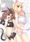  animal_ears artist_name atago_(kantai_collection) bell blonde_hair blue_eyes bra breasts brown_eyes brown_hair cat_cutout cat_ear_panties cat_ears cat_lingerie cat_tail cleavage_cutout collar fake_animal_ears fake_tail fang flat_chest gloves height_difference highleg highleg_panties jingle_bell kantai_collection large_breasts meme_attire multiple_girls navel open_mouth panties paw_gloves paws ribs ryuujou_(kantai_collection) shibi side-by-side side-tie_panties signature smile tail twintails underwear zoom_layer 
