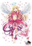  angel_wings arm_ribbon arrow blonde_hair blue_eyes bow bow_(weapon) breasts brooch grand_harem halo heart jewelry leg_ribbon long_hair medium_breasts naked_ribbon navel outstretched_arms pokachu ribbon solo underboob very_long_hair weapon wings 