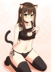  alternate_costume animal_ears bangs bell bell_choker black_legwear black_panties blush brown_hair cat_cutout cat_ear_panties cat_ears cat_lingerie cat_tail choker cleavage_cutout closed_mouth collarbone eyebrows eyebrows_visible_through_hair fake_animal_ears green_eyes groin hairband hand_on_own_chest highres idolmaster idolmaster_cinderella_girls jingle_bell kneeling kurisu-kun long_hair looking_at_viewer meme_attire navel no_shoes panties paw_print shibuya_rin side-tie_panties solo stomach tail underwear underwear_only 