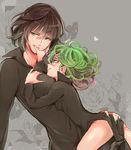  arched_back ass bangs black_dress black_hair breasts bud closed_mouth dress eyebrows eyebrows_visible_through_hair face_grab flipped_hair flower frown fubuki_(one-punch_man) green_eyes green_hair green_nails grey_background hand_on_another's_ass hand_on_another's_chest hand_on_another's_face head_rest heart height_difference incest large_breasts long_sleeves looking_at_another looking_away looking_to_the_side lying_on_person multiple_girls nail_polish ofune one-punch_man pelvic_curtain petite pinky_out profile red_lips rose short_hair siblings side_slit sisters slender smile tatsumaki yuri 