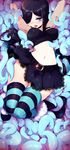  :o armpits arms_up bangs belt black_hair black_legwear blue_eyes blue_legwear blue_skin blush boots breasts colored_stripes covered_nipples creature crop_top fishnets full_body fur_trim glint hair_over_one_eye half-closed_eyes highres imminent_rape knees_together knees_together_feet_apart lace lace-trimmed_skirt long_hair medium_breasts midriff miniskirt moaning navel open_mouth original parted_bangs pleated_skirt restrained skirt skirt_lift solo sticky_(stickysheep) striped striped_legwear tentacles thigh_gap thighhighs 