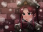  amino_(tn7135) bad_id bad_pixiv_id beret black_gloves blush braid commentary_request gloves green_eyes hat hong_meiling long_hair open_mouth red_hair red_scarf scarf snowing solo star touhou twin_braids upper_body 