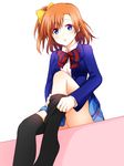  black_legwear blazer blue_eyes blush bow dressing fujisaki_kyouya highres jacket kousaka_honoka leg_up looking_at_viewer love_live! love_live!_school_idol_project one_side_up orange_hair otonokizaka_school_uniform school_uniform short_hair sitting skirt solo thighhighs 