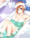  bath bathing bathtub blue_eyes blush convenient_censoring fujisaki_kyouya kousaka_honoka looking_at_viewer love_live! love_live!_school_idol_project orange_hair short_hair soap soap_bubbles soap_censor solo towel wet 