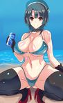  bikini black_gloves black_hair breasts gloves hat highres kantai_collection large_breasts moriya pocari_sweat red_eyes short_hair solo swimsuit takao_(kantai_collection) 