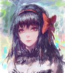  akemi_homura akuma_homura black_hair blackrabbitsoul hair_ribbon long_hair mahou_shoujo_madoka_magica mahou_shoujo_madoka_magica_movie portrait psychedelic red_eyes ribbon solo spoilers 