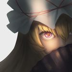  amino_(tn7135) bad_id bad_pixiv_id blonde_hair commentary_request covering_mouth face fan grey_background hat hat_ribbon long_hair looking_at_viewer mob_cap out_of_frame purple_eyes ribbon solo touhou yakumo_yukari 