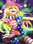  american_flag_dress american_flag_legwear bangs blonde_hair clownpiece frilled_shirt_collar frills hat highres jester_cap long_hair neck_ruff open_mouth outstretched_arms pantyhose polka_dot red_eyes rnkgmn sharp_teeth solo standing teeth touhou very_long_hair 