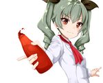  ame. anchovy ascot chef drill_hair girls_und_panzer green_hair ketchup long_hair red_eyes solo squeeze_bottle twin_drills twintails 