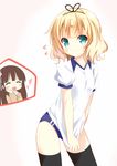  :d ^_^ blonde_hair blue_eyes buruma closed_eyes flying_sweatdrops gochuumon_wa_usagi_desu_ka? gym_uniform hand_on_own_cheek heart kirima_sharo multiple_girls nagomi_yayado open_mouth shirt_tug short_hair smile thighhighs ujimatsu_chiya 