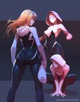 artist_name ass blonde_hair blue_eyes breasts covered_nipples from_behind gwen_stacy headband highres hood hoodie kneepits long_hair marvel mask mask_removed medium_breasts multiple_views spider-gwen squatting superhero tarakanovich taut_clothes 