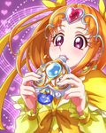  beamed_eighth_notes bow brown_hair chocokin circlet cure_muse_(yellow) earrings eighth_note gem hair_bow heart jewelry long_hair magical_girl musical_note pink_eyes precure purple_background quarter_note shirabe_ako solo staff_(music) star suite_precure upper_body whistle yellow_bow 