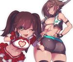  ;d ass back bad_id bad_twitter_id bent_over black_gloves black_legwear blue_nails breasts brown_eyes brown_hair cleavage_cutout fingerless_gloves gloves hand_on_hip heart_cutout highres hohehohe kantai_collection large_breasts looking_at_viewer looking_back midriff miniskirt multiple_girls mutsu_(kantai_collection) nail_polish navel one_eye_closed open_mouth parted_lips race_queen ryuujou_(kantai_collection) sideboob simple_background skirt smile teeth thighhighs twintails white_background 
