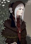  artist_name bangs bloodborne bonnet bush cloak dated doll_joints expressionless flower green_eyes jewelry pendant plain_doll shadowjwu signature silver_hair solo swept_bangs upper_body 