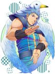  armband beak belt bird blue_eyes blue_hair blue_wings flower highres hokuto_no_ken long_hair male_focus mtbluesea muscle red_eyes rei_(hokuto_no_ken) shoulder_pads solo swan wings 