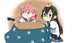  akashi_(kantai_collection) aqua_hairband bad_id bad_pixiv_id black_hair blue_eyes controller food food_on_head fruit fruit_on_head glasses green_eyes hair_ribbon hairband highres kantai_collection kotatsu long_hair mandarin_orange multiple_girls object_on_head ojipon ooyodo_(kantai_collection) pink_hair remote_control ribbon school_uniform serafuku table tress_ribbon 