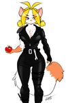  anthro apple big_breasts blonde_hair blue_eyes blush breasts cat chalo chest_tuft cleavage clothed clothing feline female food fruit fur hair jumpsuit las_lindas mammal sarah_silkie tuft white_fur 
