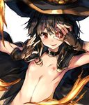  brown_gloves brown_hair cape collar collarbone eyepatch fingerless_gloves flat_chest gloves hat highres kono_subarashii_sekai_ni_shukufuku_wo! looking_at_viewer megumin naked_cape navel nipples out-of-frame_censoring red_eyes redcomet smile solo 