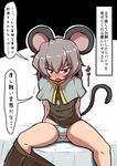 animal_ears capelet embarrassed flying_sweatdrops grey_hair midori_niku mouse_ears mouse_tail nazrin panties pendulum red_eyes skirt skirt_around_one_leg solo striped striped_panties tail touhou translation_request underwear 