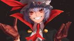  amino_(tn7135) ascot bad_id bad_pixiv_id blue_hair brown_gloves cape commentary_request fangs gloves grin hat hat_ribbon high_collar looking_at_viewer mob_cap red_eyes red_ribbon remilia_scarlet ribbon short_hair slit_pupils smile solo touhou tsurime upper_body 