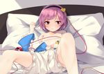  arai_togami areolae bed bloomers blush collarbone flat_chest hairband heart komeiji_satori long_sleeves looking_at_viewer lying navel on_back parted_lips pillow pink_hair red_eyes short_hair solo spread_legs third_eye touhou underwear wide_sleeves 