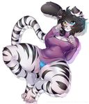  2016 anthro black_fur black_hair black_nose blue_eyes blush breasts camel_toe claws cleavage clothed clothing feline female fur green_eyes hair heterochromia hindpaw mammal panties paws shirt short_hair simple_background smile solo spread_legs spreading thick_thighs tiger underwear venusflowerart white_background white_fur 