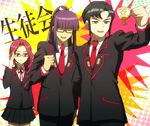  2boys adjusting_eyewear akasata black_hair blazer braid cardfight!!_vanguard closed_eyes cup glasses jacket long_hair multiple_boys nagashiro_maki naitou_tatewaki necktie open_mouth pleated_skirt ponytail purple_eyes purple_hair red_eyes red_hair ribbon school_uniform short_hair side_braid single_braid skirt suwabe_itsuki teacup 