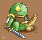 amphibian anthro bald balls barefoot blush cape castle_in_the_darkness clothed clothing cum cum_on_penis cute emenius erection eyes_closed frog frog_knight knight long_penis male melee_weapon orgasm penis shield sitting solo sword vein veiny_penis weapon 