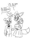  animatronic anthro avian bear bird book bow bow_tie canine clothed clothing dialogue duo english_text female five_nights_at_freddy&#039;s five_nights_at_freddy&#039;s_2 fox high_school looking_away machine male mammal mangle_(fnaf) monochrome robot school shy skirt suit text toy_freddy_(fnaf) unknown_artist video_games 